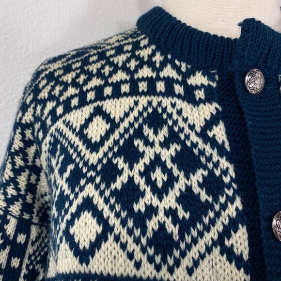 Norwegian Winter Wool Cardigan Sweater XL 52 Blue White Metal Buttons Fair Isle - Picture 3 of 12